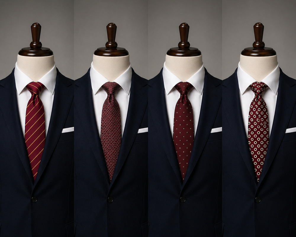 Men’s Red Burgundy Silk Tie Lot 4 Geometric Polka Stripe Classic Neckties